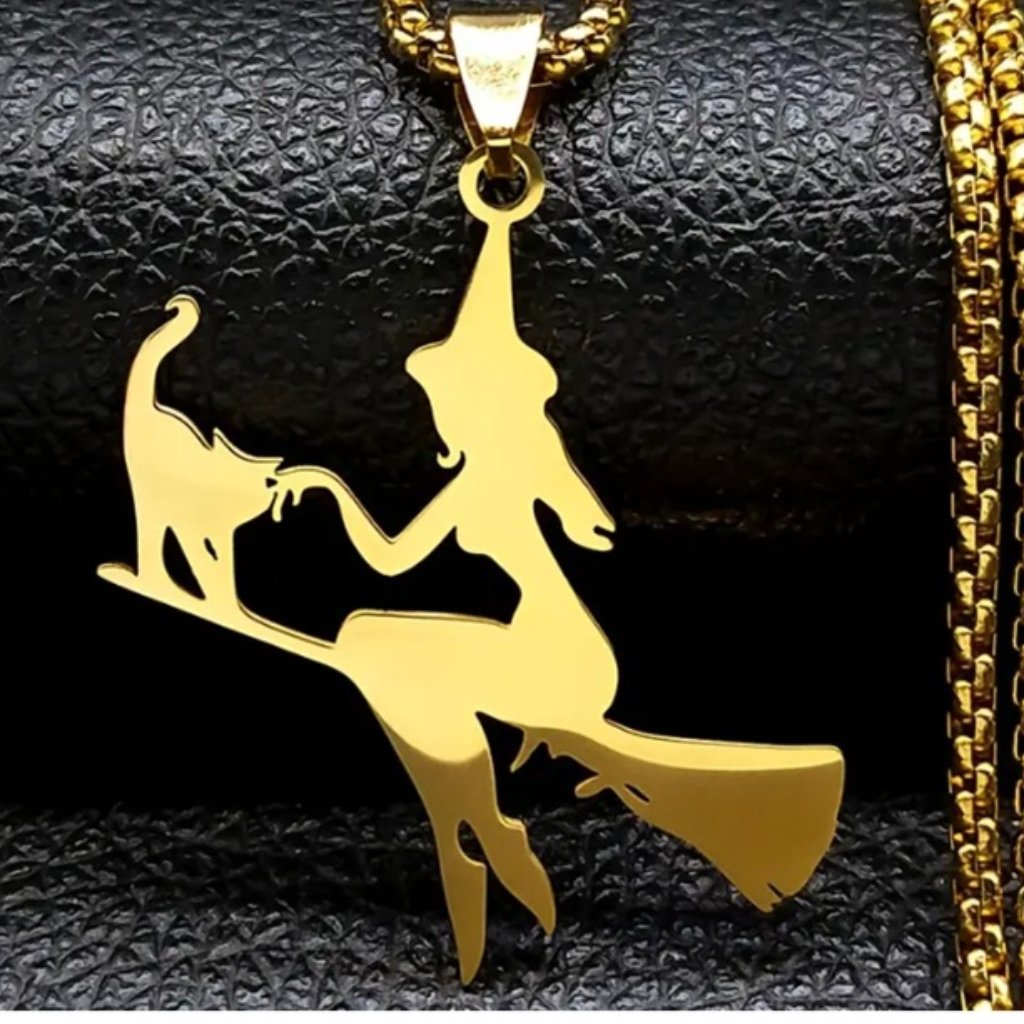Pure Magic A Witch Riding A Broom With Her Cat Necklace - Stainless Steel - Gold 16$